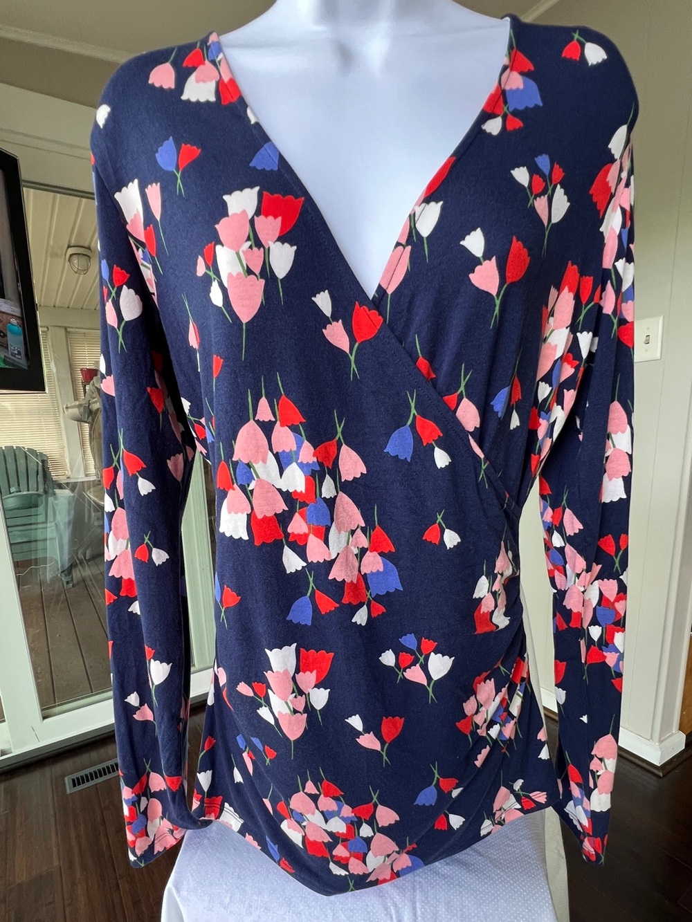 Boden Faux Wrap Top Tulip Flower Pattern Navy Orange  V-neckline US 8 ~ UK 12